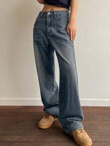 DAZY Loose Long Vintage Washed Blue Wide Leg Jeans For Women - Blue - View 3