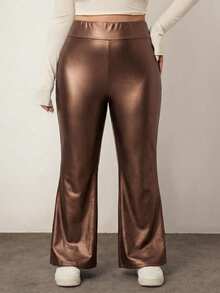 Enliva 大码女式仿PU皮革喇叭裤，弹力喇叭裤腿，适合苹果型和圆润身材 - 棕色 - 查看 7