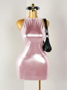 Mistrie 女士纯色仿皮镂空露背圆领无袖修身迷你连衣裙 PU 皮革女装 - 粉色 - 查看 7