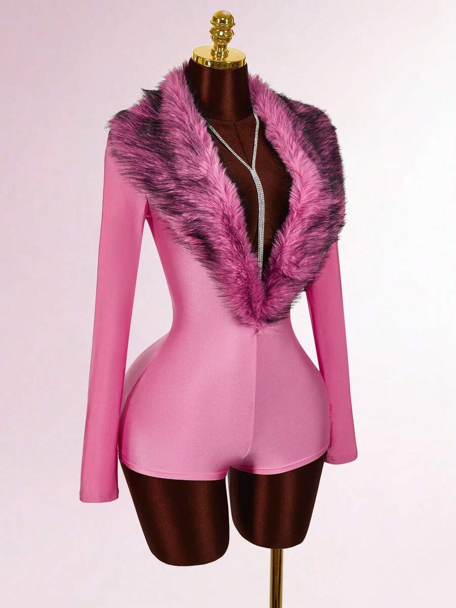 Amplova Furry Collar Splicing Deep V Neck Long Sleeve Romper Unitard - Hot Pink - View 1