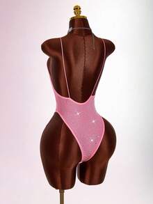 Amplova Rhinestone Glitter Backless Sheer Sexy Bodysuit For Party - Pink - View 8