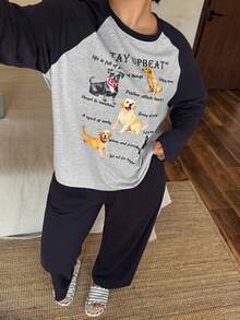 Dazy Plus Plus Size Women Casual Cartoon Animal & Letter Print Loose Long Sleeve Top And Straight Leg Pants Pajama Set, Spring/Summer/Autumn - Navy Blue - View 5