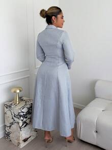 Maria Perezxox New Women Lapel Long Sleeve Faux Pocket Open Front A-Line Long Dress, Casual Resort Daily Versatile Youthful Elegant - Gray Blue - View 2