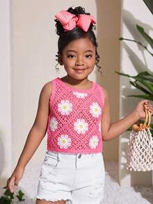 Young Girl Fashionable Vacation Fitted Camisole Crochet Floral Knit Tank Top, Pink - Pink - View 4