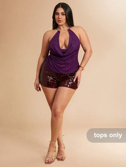 SHEIN BAE Plus-Size Women's Elegant And Sexy Purple Sequined Metallic Ring High-End Backless Halter Top With Draped Neckline, Perfect For A Date.,.Summer,Summer Holiday Outfits,Spring Break Outfits ,Valentine Outfits For Women,Valentine's Day Outfit,Carniva,Carnival Women Look 2026,Plus Size,Curve,Elegant Outfits For Party,Beach Outfit For Women,Wedding Guest Party Top,Going Out,Vacation Outfits Women,Birthday Top For Women,Formal Top For Women,Plus Size Top For Women,Tea Party Outfit Women,Club Outfits Women Plus,Airport Outfit For Women Travel