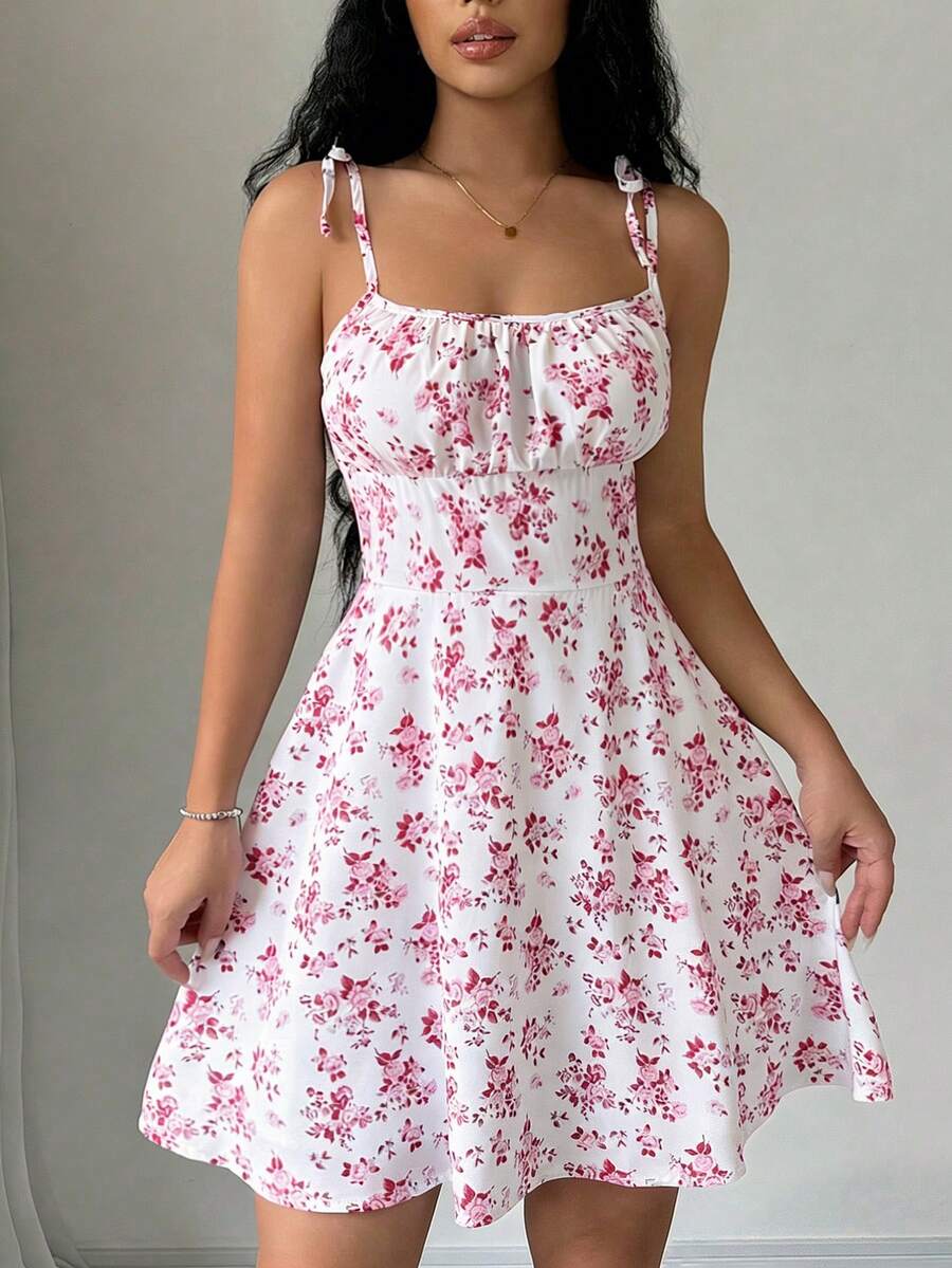 Rafferiza Ladies' Spaghetti Strap Tie-Back Floral Print Pleated Cami Dress Mini Short Women Outfit - Multicolor - View 1
