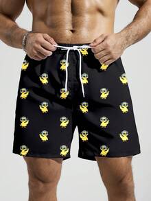 Manfinity Swimmode 男士卡通印花抽绳腰带沙滩短裤，夏季 - 黑色 - 查看 4