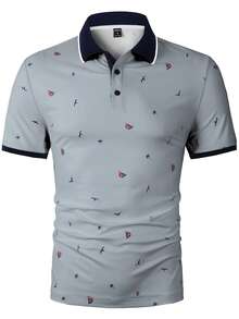Calvornis 男士休閒海鷗印花短袖 Polo 衫，夏季深藍色學院風高爾夫 Polo，圖案老錢風度假假期海灘夏威夷婚禮儀式 - 灰色 - 查看 3