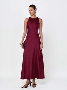 Aveloria Modichic Minimalist Elegant Asymmetric Bias Cut Double-Sided Satin-Like Acetate Fabric A-Line Sleeveless Dress For Women - Burgundy - View 7