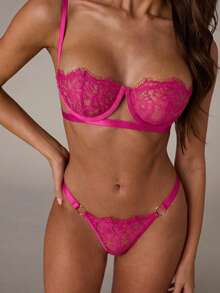 SHEIN BAE Lace Women's Sexy Underwear Underwire Bra & Panty Lingerie 2pcs/Set (In Stock) - Hot Pink - View 5