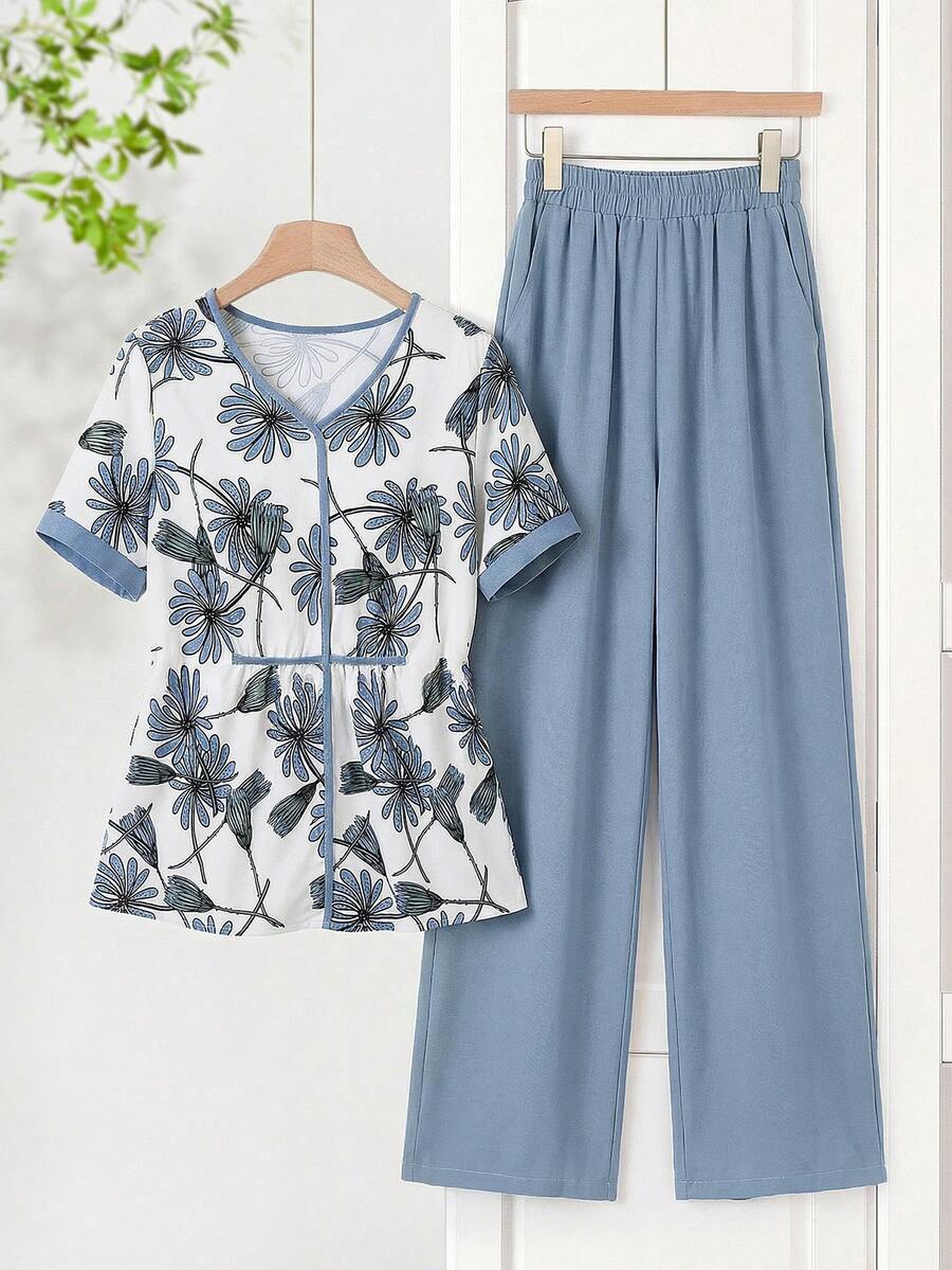 Rusticease Blusa Elegante Plissada de Decote em V de Manga Curta em Cor Damasco para Mulheres - Azul Empoeirado - Visão 1