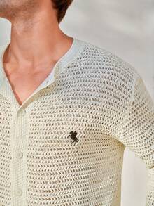 Manfinity CityGents Men's Knight Embroidery Long Sleeve Single-Breasted Knit Cardigan Mens Knitted Cardigans Men S Crochet Shirt Knitted Men Shirt - Beige - View 2