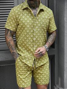 Manfinity CasualCool 男士夏季度假提花短袖纽扣衬衫短裤套装，男士复古风，日常休闲，周末旅行，户外活动，探险旅行，轻松工作环境或半正式场合，男友/丈夫礼物，周年纪念/生日礼物，派对夏季假期，婚礼，春夏交替，狂欢节，男士时尚浅绿色夏季套装，提花花卉图案短袖衬衫和抽绳短裤，男士两件套纽扣衬衫，男士花卉套装，男士两件套夏季套装，几何印花男士服装，男士衬衫套装 - 綠色 - 查看 3