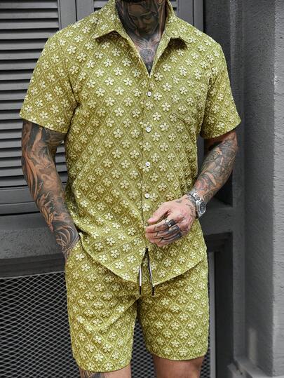 Manfinity CasualCool Men's Summer Vacation Jacquard Short Sleeve Button-Front Shirt And Shorts Set,Men Old Money,Daily Leisure, Weekend Trips, Outdoor Activities, Travel Expeditions, Relaxed Work Environments Or Semi-Formal Occasions, Boyfriend/Husband Gift, Anniversary /Birthday Gift Party Summer Vacation Holiday,Wedding,Spring To Summer,Mardi Gras,Mens Fashion Light Green Summer Co Ord Set With Jacquard Floral Pattern Short Sleeve Shirt And Drawstring Shorts,Men 2 Piece Button Down,Men Floral Set,2 Piece Summer Set For Mens,Geometric Print Men,Men Clothes Men Shirt Co Ords