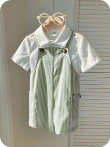 SHEIN 新生儿男女宝宝可爱条纹连体衣，适合春夏室内、室外、日常、运动、玩耍、派对、拍照、度假等各种场合。 - 綠色 - 查看 7