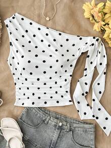 Black And White Tops Cute Tops Tops For Summer Girls One Shoulder Top Polka Dot Top Summer Tops - Black and White - View 1