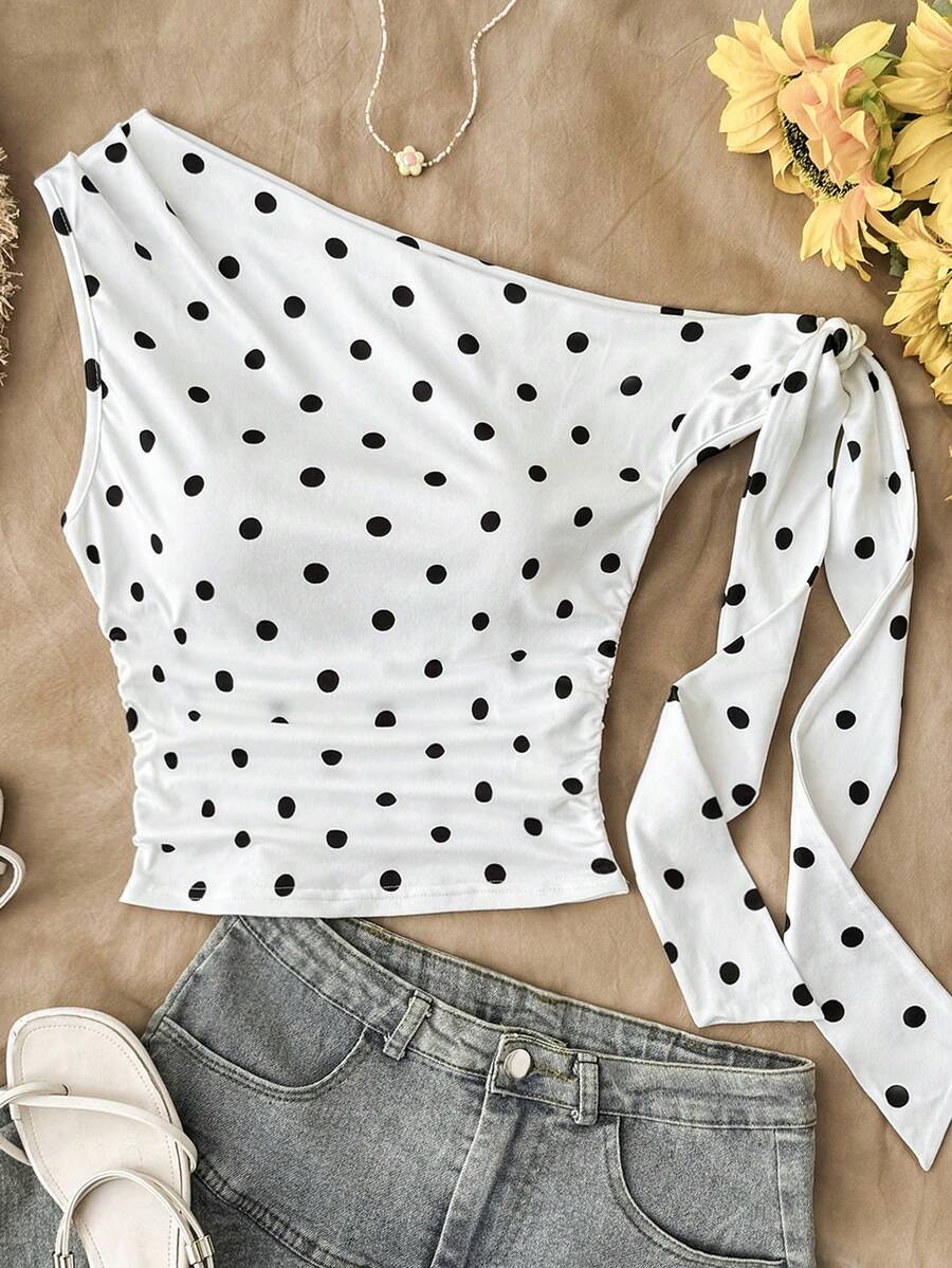 Black And White Tops Cute Tops Tops For Summer Girls One Shoulder Top Polka Dot Top Summer Tops - Black and White - View 1