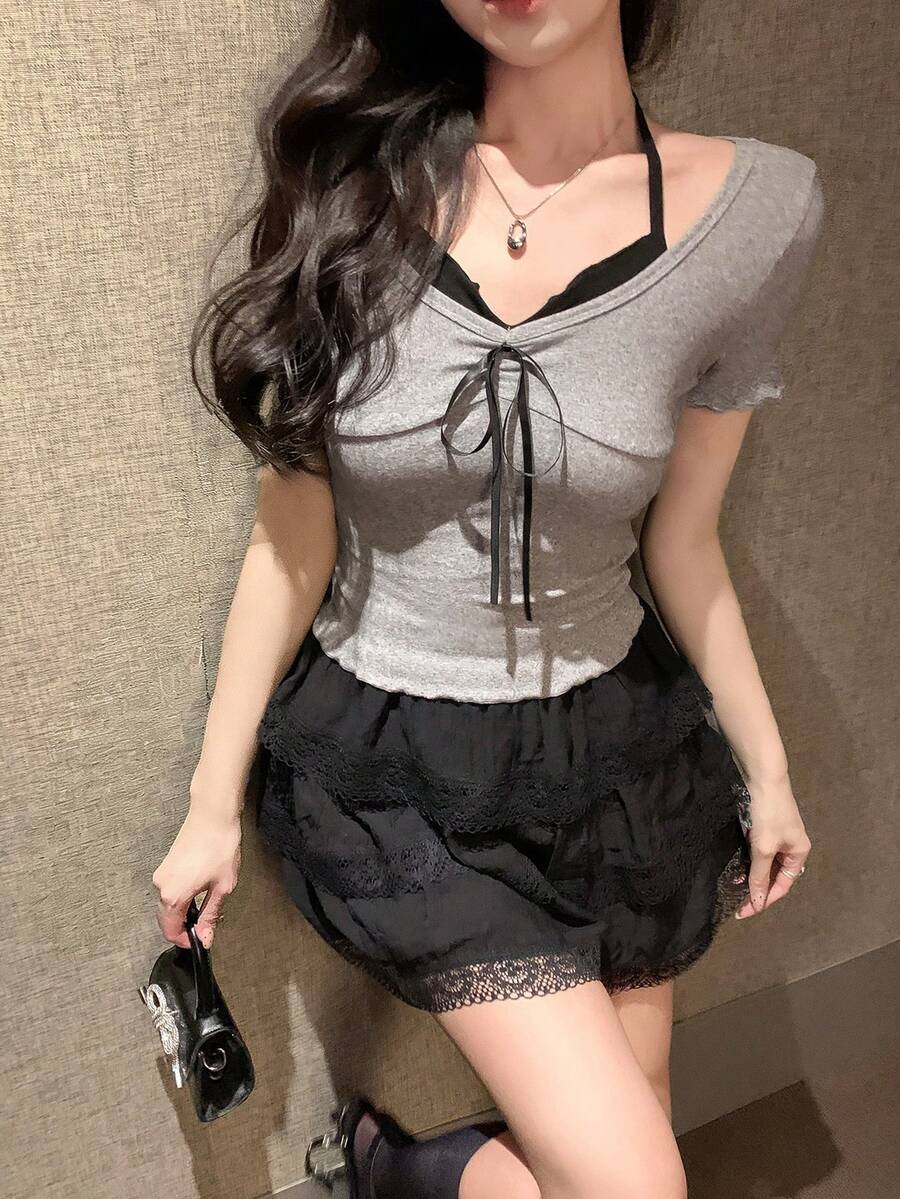 DAZY 女士二合一露背系带蝴蝶结短袖T恤 - 灰色 - 查看 1