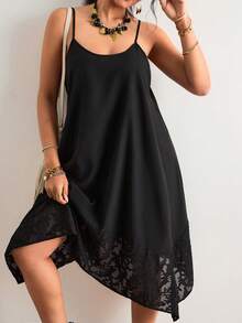 Freevana 大码休闲提花拼接不对称下摆吊带连衣裙 - 黑色 - 查看 6