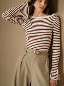 Anewsta Women's Spring/Summer Knit Sweater, French Elegant Elegant Versatile Bodycon Off-Shoulder Striped Flare Sleeve Knit Top - Coffee Brown - View 4