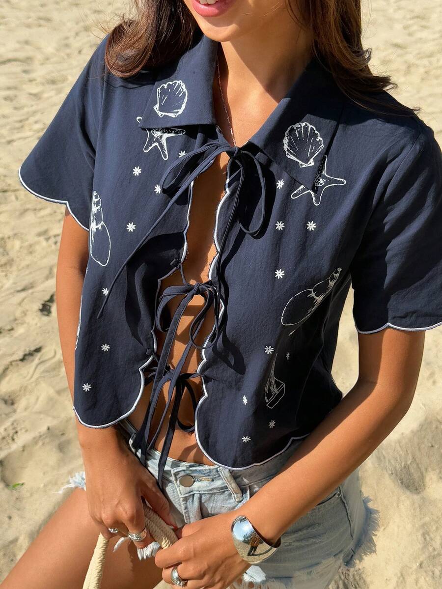 Livesso Blue Seashell & Starfish Print Tie Front Bow Knot Casual Beach Shirt, Suitable For Spring, Summer, Music Festivals, Valentine's Day, Weddings - Navy Blue - View 1