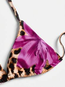 Swim Glamine 2 piezas Conjunto de bikini sexy con cordones y estampado floral y de leopardo para mujer - Morado Violeta - Ver 9