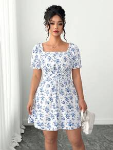 SHEIN PETITE CURVE 大码女式碎花浪漫连衣裙，时尚百搭，适合约会、日常穿着和通勤，春夏款 - 彩色 - 查看 4