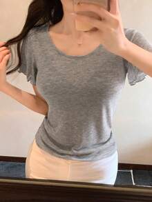 DAZY 女士圆领短袖荷叶边袖口修身休闲T恤 夏季 - 灰色 - 查看 6