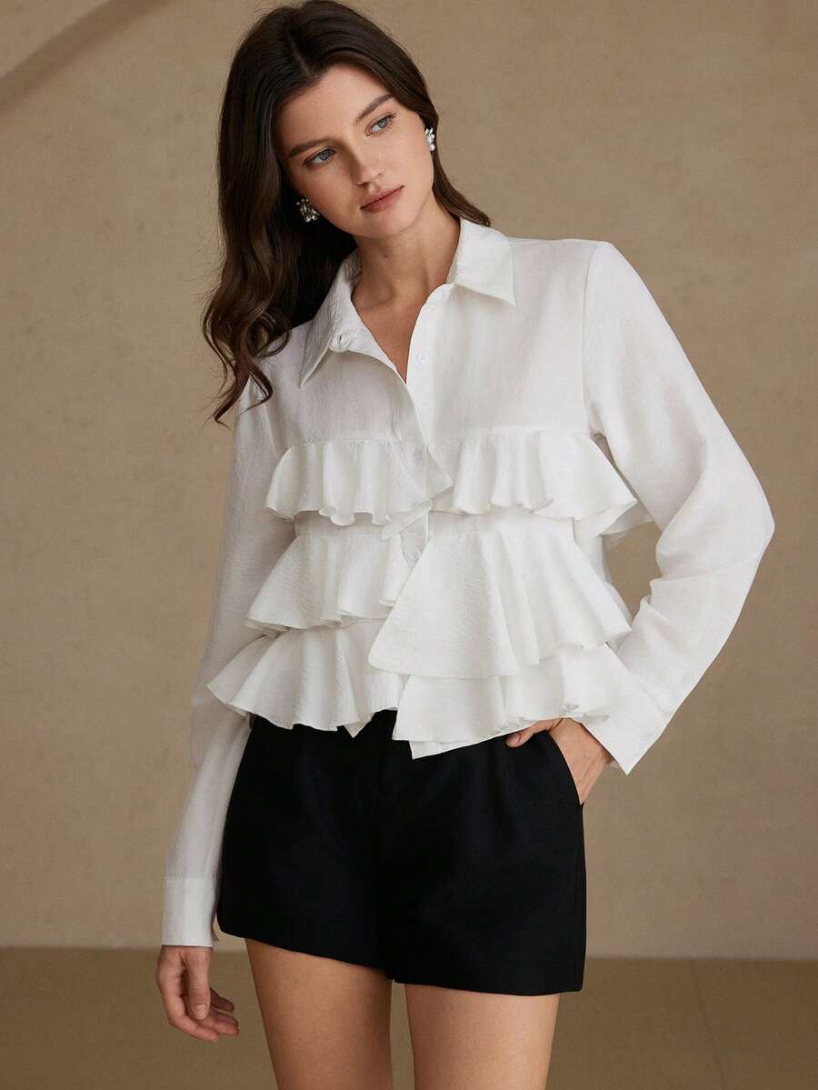 Aveloria Rosie 时尚不对称荷叶边设计白色长袖休闲衬衫 - 白色 - 查看 1