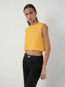 SHEIN BASICS 女士休闲纯色圆领露脐背心，夏季 - 黃色 - 查看 4