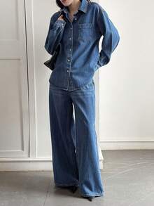 DAZY Women's Casual Denim Suit - Loose Fit Collared Shirt And Relaxed Pants - Blue - View 5