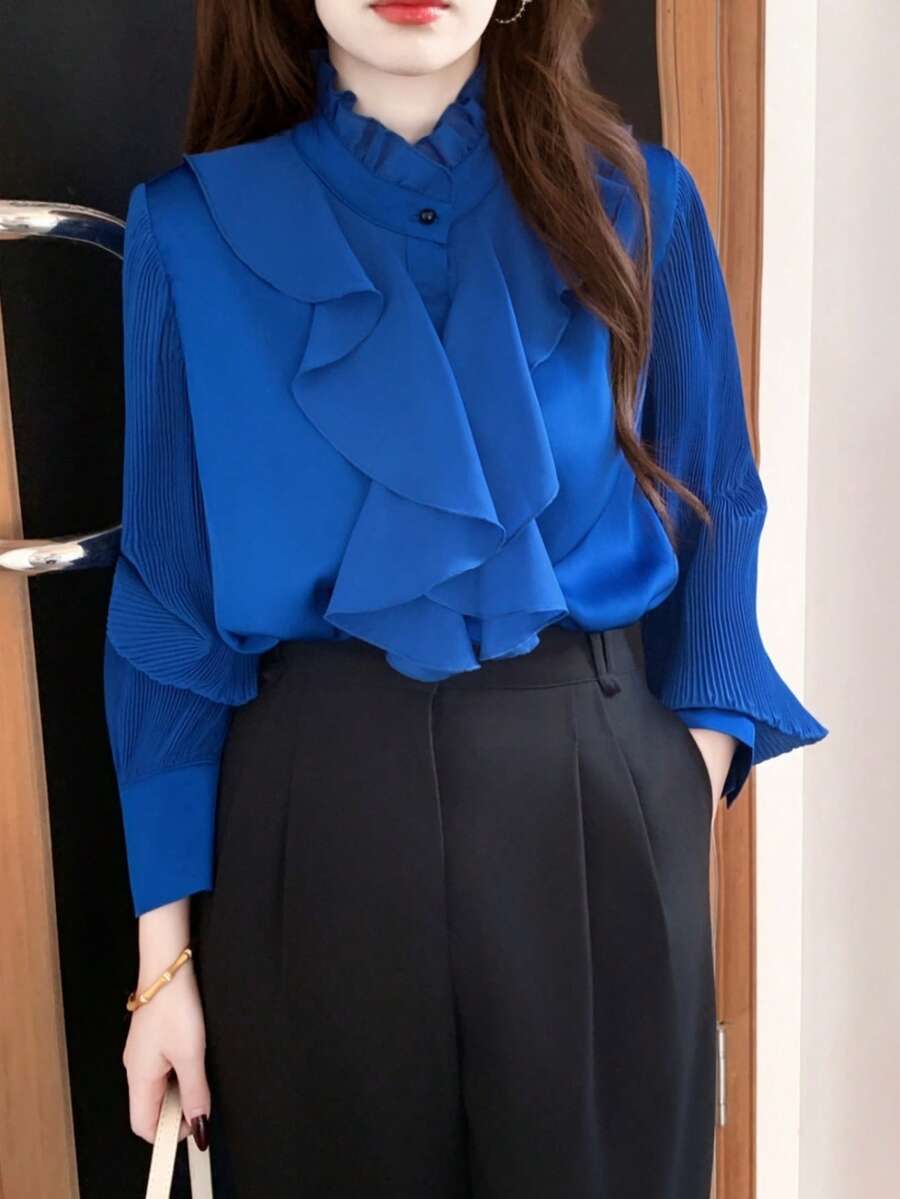 INAWLY Women's Solid Color Ruffle Collar Patchwork Frill Trim Long Sleeve Elegant Blouse - Blue - View 1