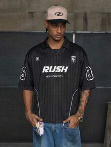 AXEPEAK 男士字母印花短袖休闲时尚街头风Polo衫 - 黑色 - 查看 1