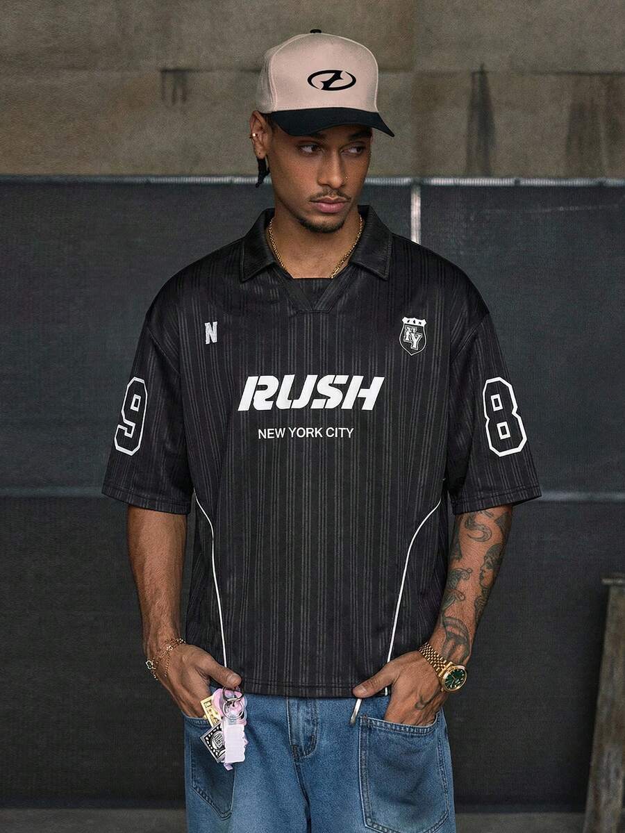 AXEPEAK 男士字母印花短袖休闲时尚街头风Polo衫 - 黑色 - 查看 1