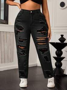SHEIN SXY Plus Size Distressed Loose Mom Jeans - Black - View 1
