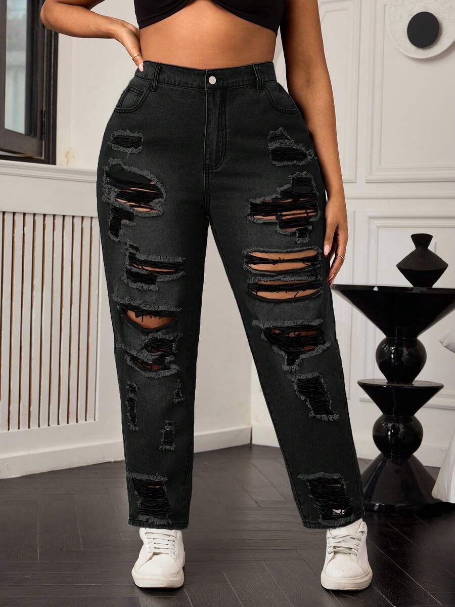 SHEIN SXY Plus Size Distressed Loose Mom Jeans - Black - View 1