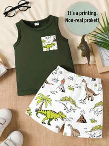 SHEIN 2pcs/Set Baby Boy Casual Cartoon Dinosaur Print Vest Top And White Printed Shorts Set, Suitable For Outings In Summer - Multicolor - View 3