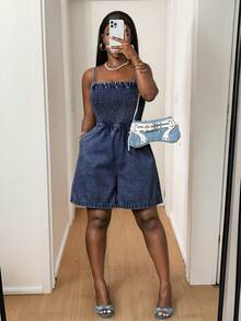 Slaydiva Spring And Summer New Style Casual Vacation Sling With Upper Body Wide-Leg Shorts Light Blue Washed Denim Women's Denim Jumpsuit-M - Dark Wash - View 6