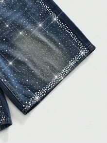 ROMWE MEN Street Life Men's Fashion Street Style Rhinestone Washed Slant Pocket Denim Shorts - Blue - View 4