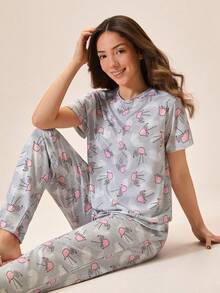 Loomlin Tropical Flamingo Vibe Pajama Set – Short Sleeve & Full-Length Bottoms - Pink - View 5