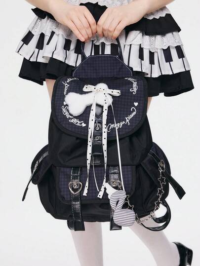 ROMWE Goth Y2K Retro Heart-Shaped Plaid Multi-Pocket Casual Backpack, Large Capacity Flap Cover Backpack