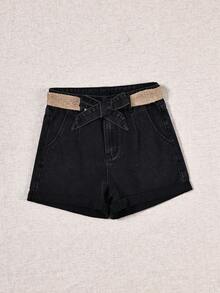 Breezaya Quần short denim nữ dáng rộng, thoải mái, đa năng, có túi và xếp ly. - màu đen - Xem 3