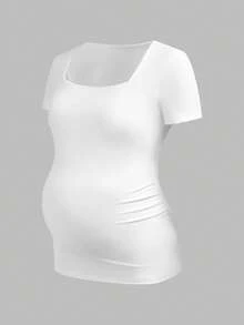 Modmama Camiseta ajustada de manga corta con cuello cuadrado y unicolor para maternidad - Blanco - Ver 3