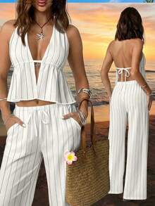 SHEIN EZwear 女士条纹露背系带荷叶边上衣搭配抽绳腰带口袋阔腿裤，休闲度假日常穿搭 - 彩色 - 查看 7