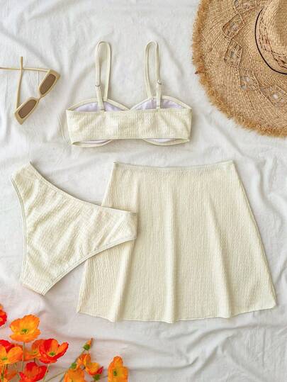 Conjunto de 3 piezas de traje de baño tipo tankini para adolescentes - Top corto con nudo en color albaricoque, shorts y falda, tela texturizada, estilo dulce, adecuado para vacaciones, playa y natación