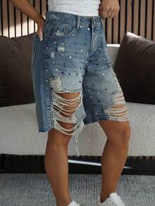 SAYEHFBABY Y2K 做旧水钻牛仔短裤 - 中等水洗藍 - 查看 3