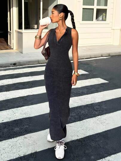 Muchica Women's Vintage Washed Half-Placket Fitted Long Dress, Summer