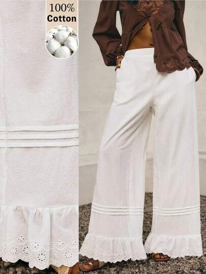Poéselle Women's White 100% Cotton Wide Leg Pants, Ruffled Eyelet Hem With Pintuck Detailing,White Pants, Beach Pants,Boho Style Summer Trousers, Vacation Outfits Women,Beach Outfit For Women,Spring/Summer