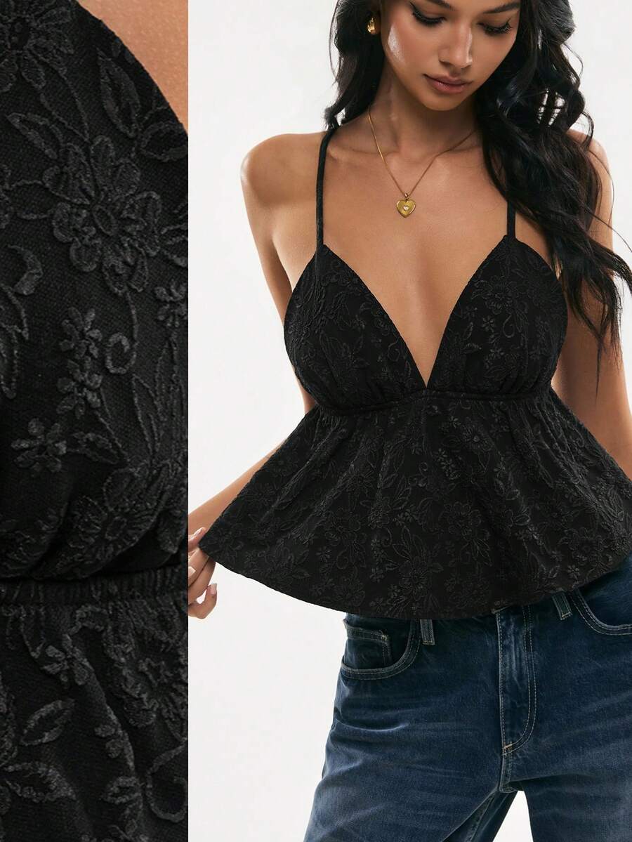 Poéselle 女士休闲度假纯色提花交叉露背吊带娃娃衫，夏季，情人节女士黑色上衣优雅上衣日常及约会之夜必备黑色夏季上衣黑色蕾丝上衣黑色性感上衣可爱黑色上衣娃娃衫女士黑色蕾丝上衣