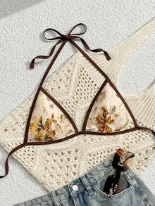 Swim Mod Women's Summer Beach Floral Sequin Halter Tie Sexy Bikini Top - Multicolor - View 2